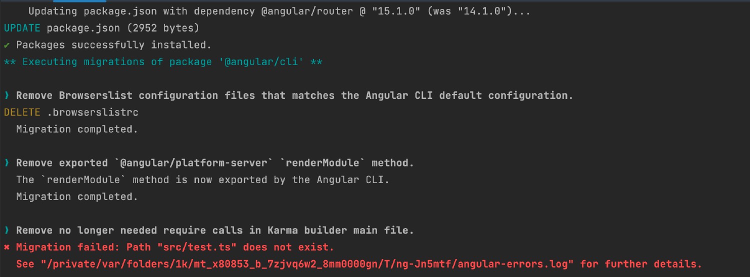 Screenshot des Fehlers im CLI beim Angular Update