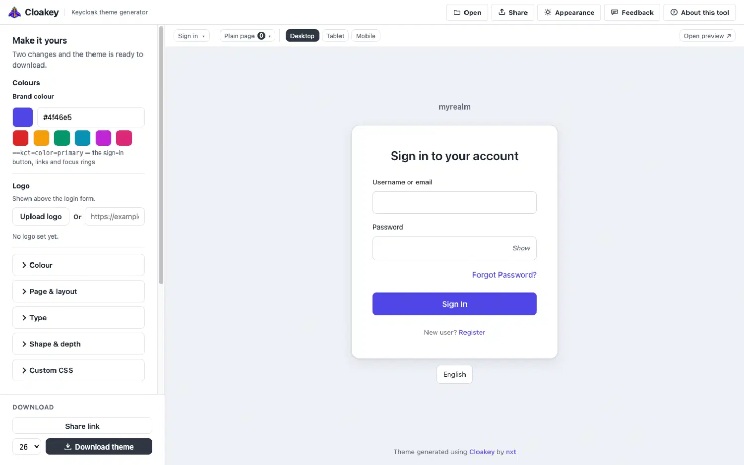 Der Cloakey-Konfigurator: links die Einstellungen für Farbe und Logo, rechts die Live-Vorschau der Keycloak-Login-Seite
