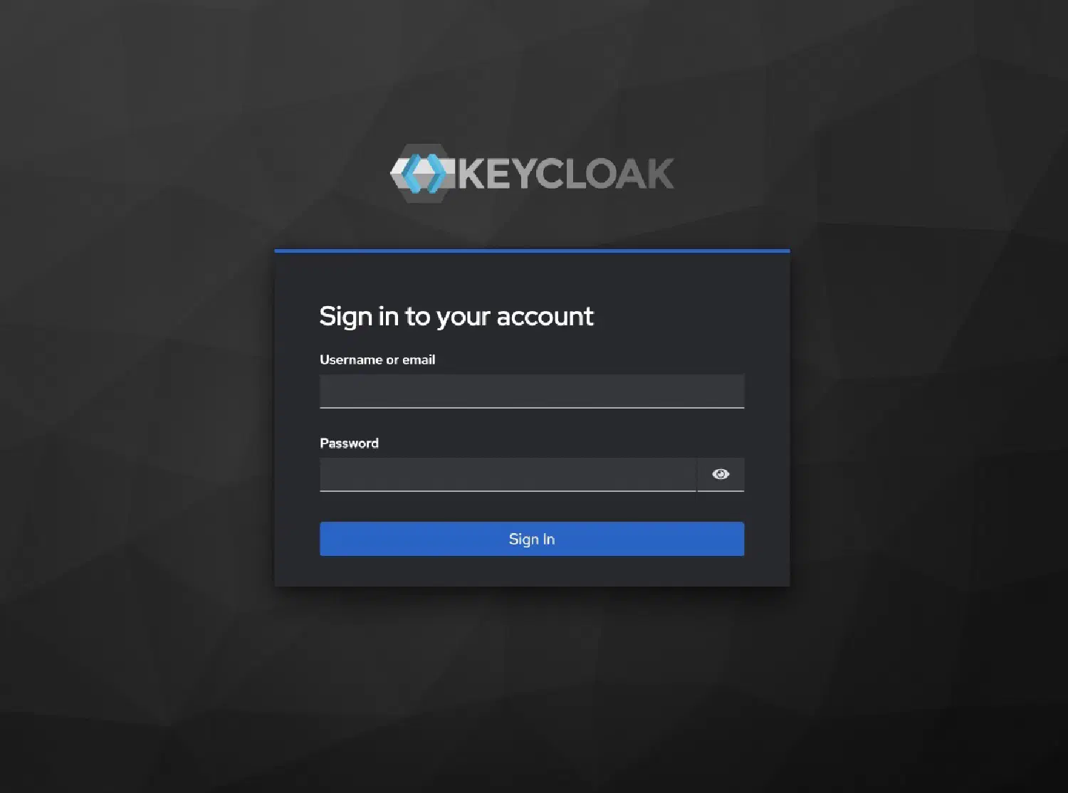 Das Standard-Login von Keycloak: dunkler Hintergrund, Keycloak-Logo, eckige Karte mit blauem Balken