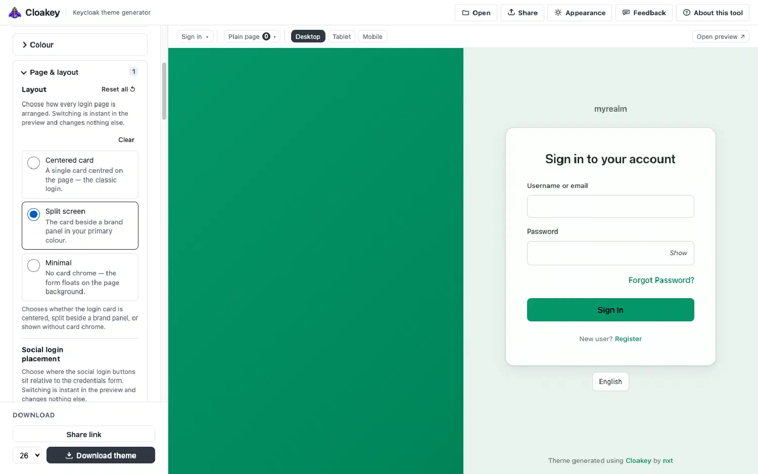 Der Konfigurator mit gewähltem Split-Screen-Layout: eine grüne Markenfläche links, die Login-Karte rechts