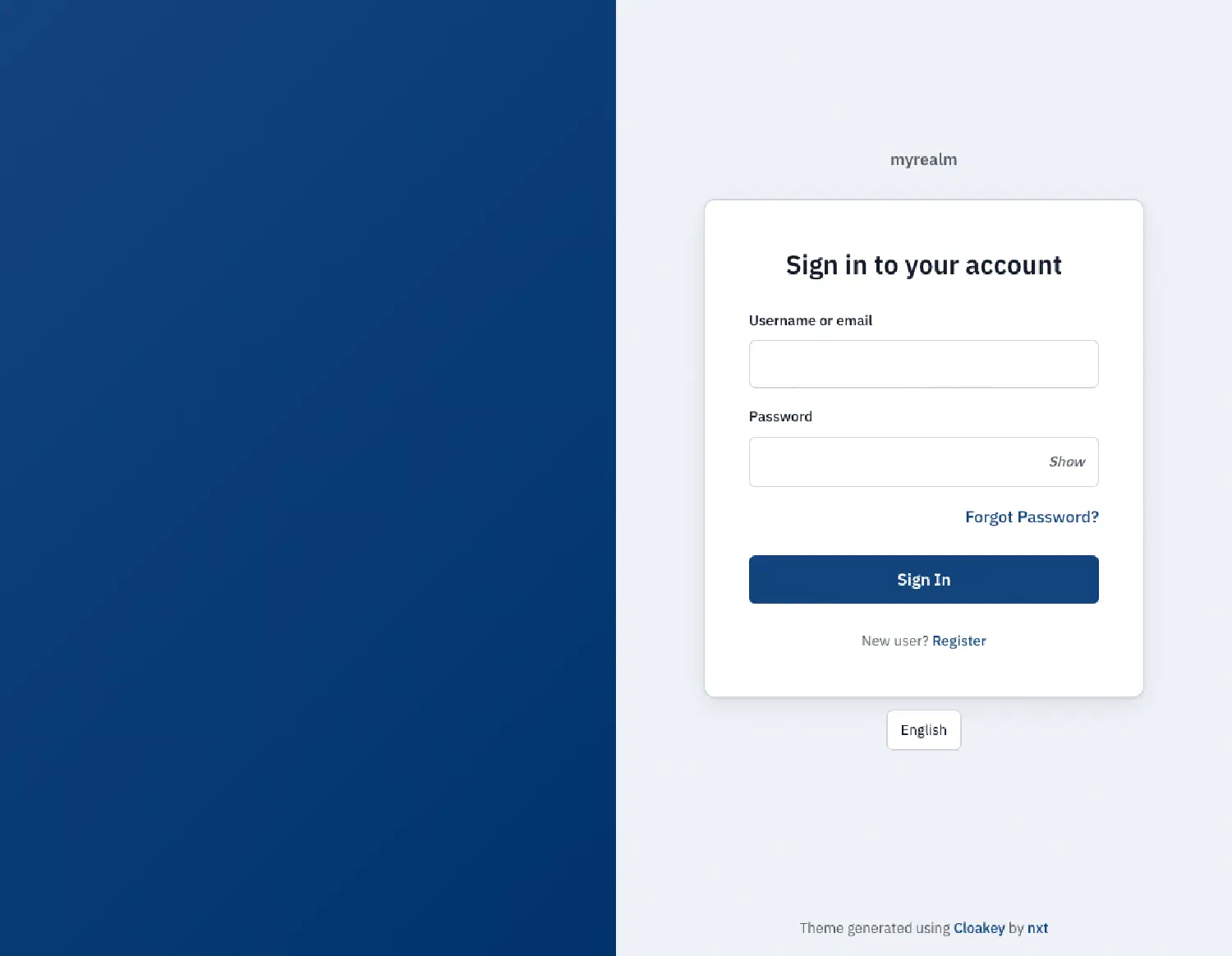 Login im Split-Screen-Layout mit dunkelblauer Markenfläche links und weisser Karte rechts