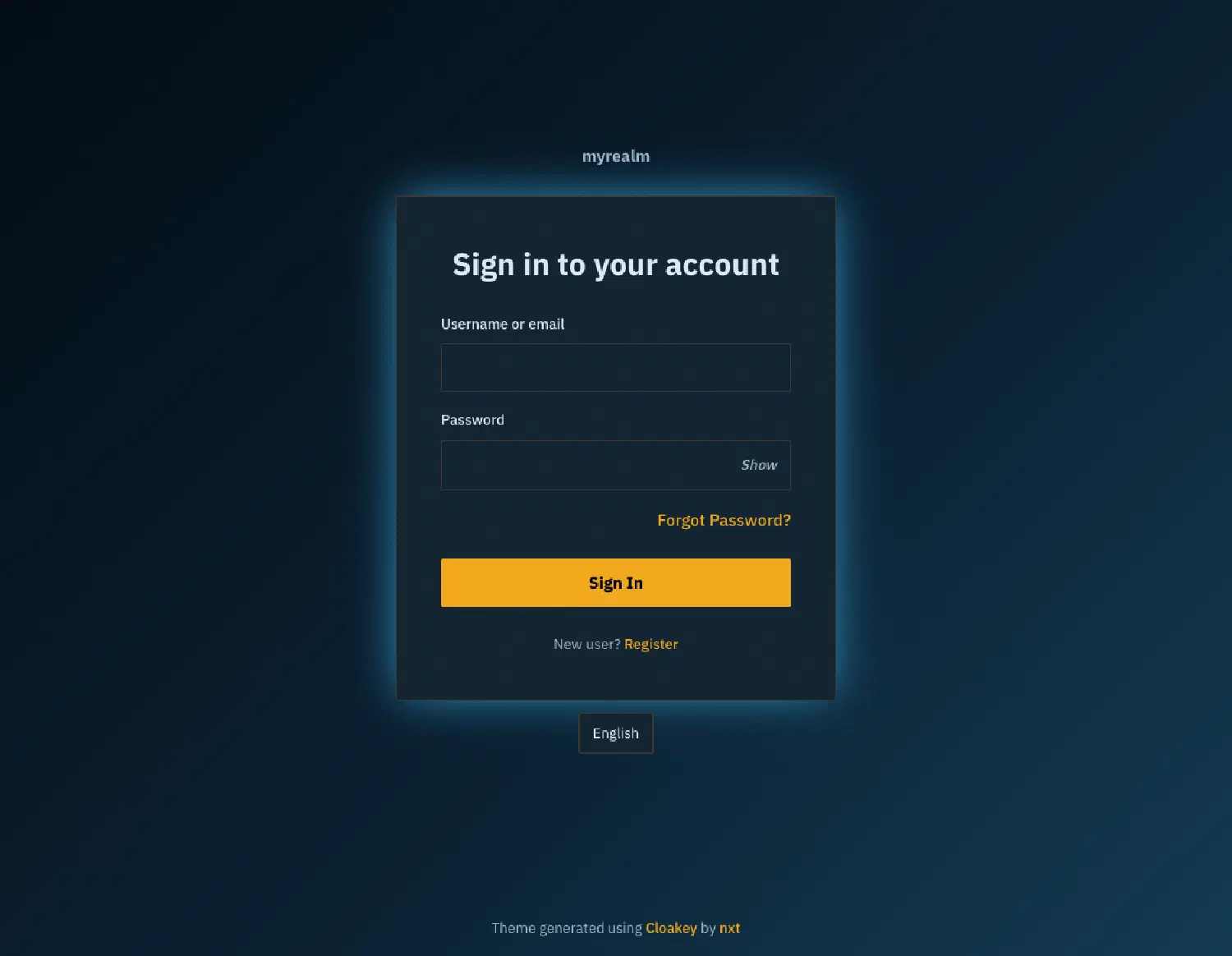 Dunkles Login mit petrolfarbenem Hintergrund, gelbem Button und eckiger Karte