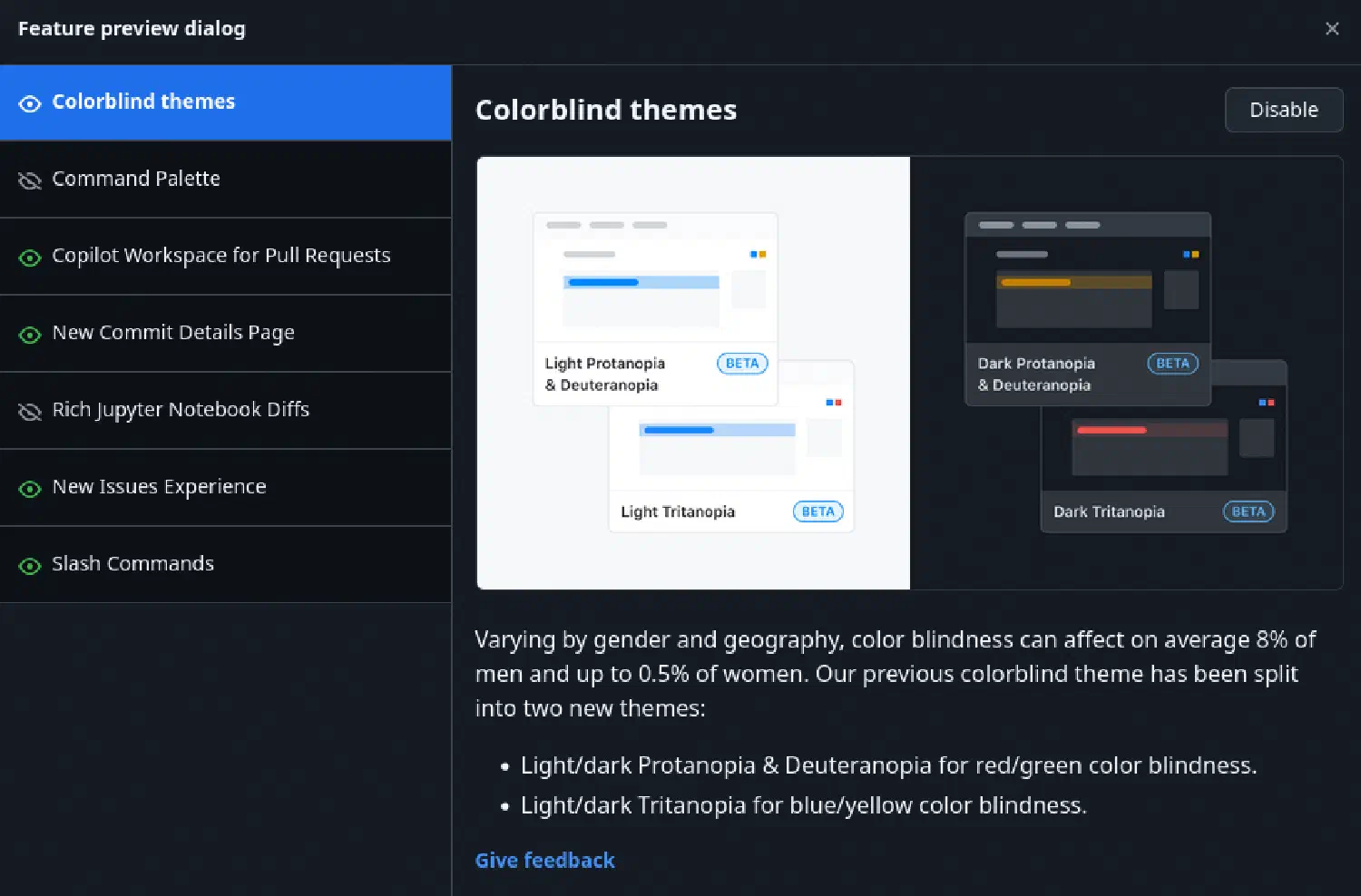 Beispiel aus GitHub für von Nutzer:innen aktivierbare Vorschaufunktionen