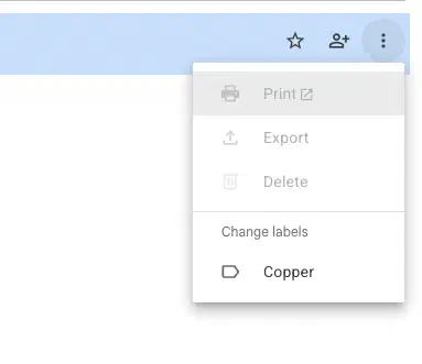 Kontextmenü in Google Kontakte: Print, Export und Delete sind ausgegraut, nur «Change labels» ist anklickbar.