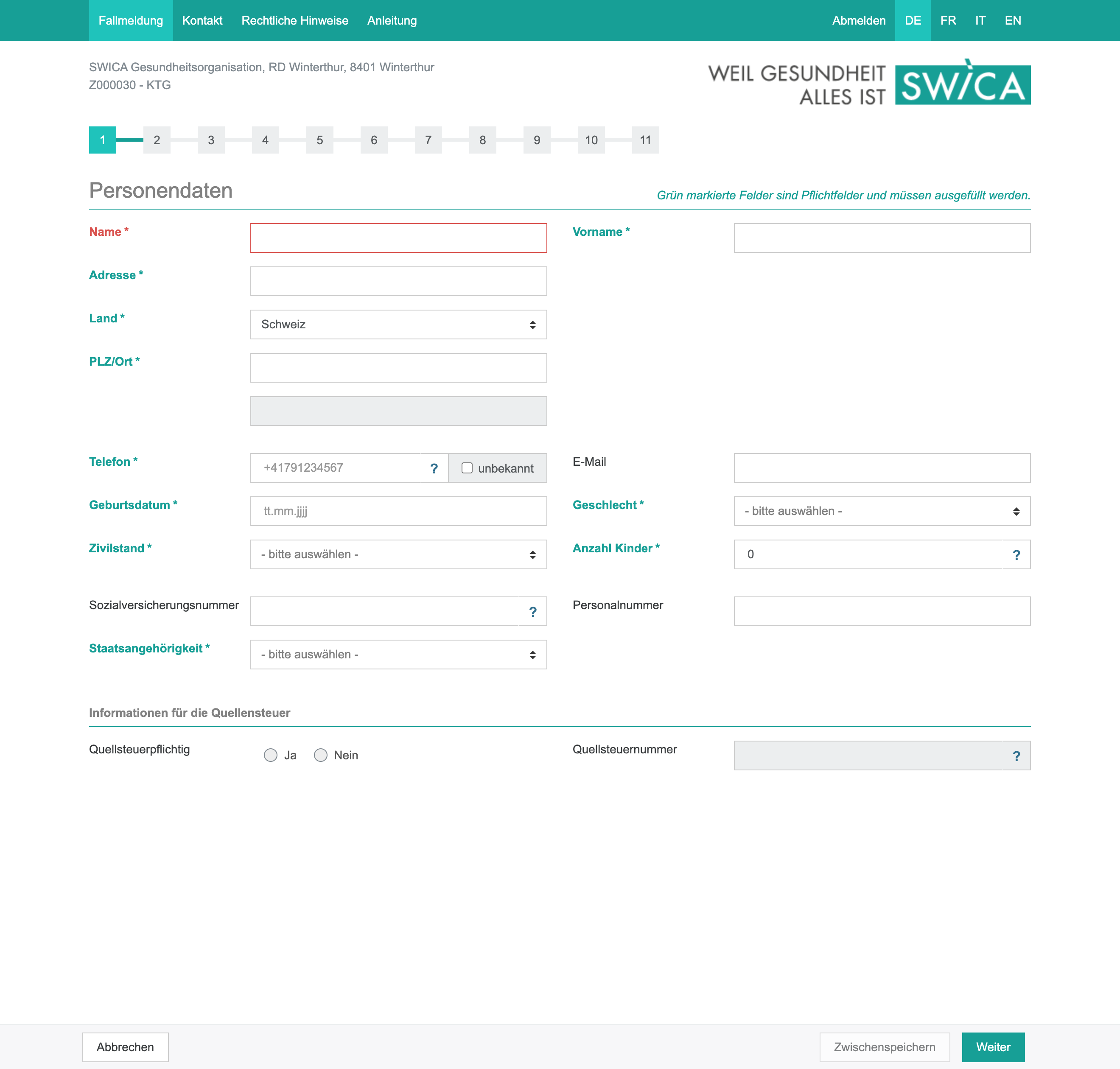 Ein Screenshot, der die Einstiegsseite der bestehenden SWICA Applikation zeigt.