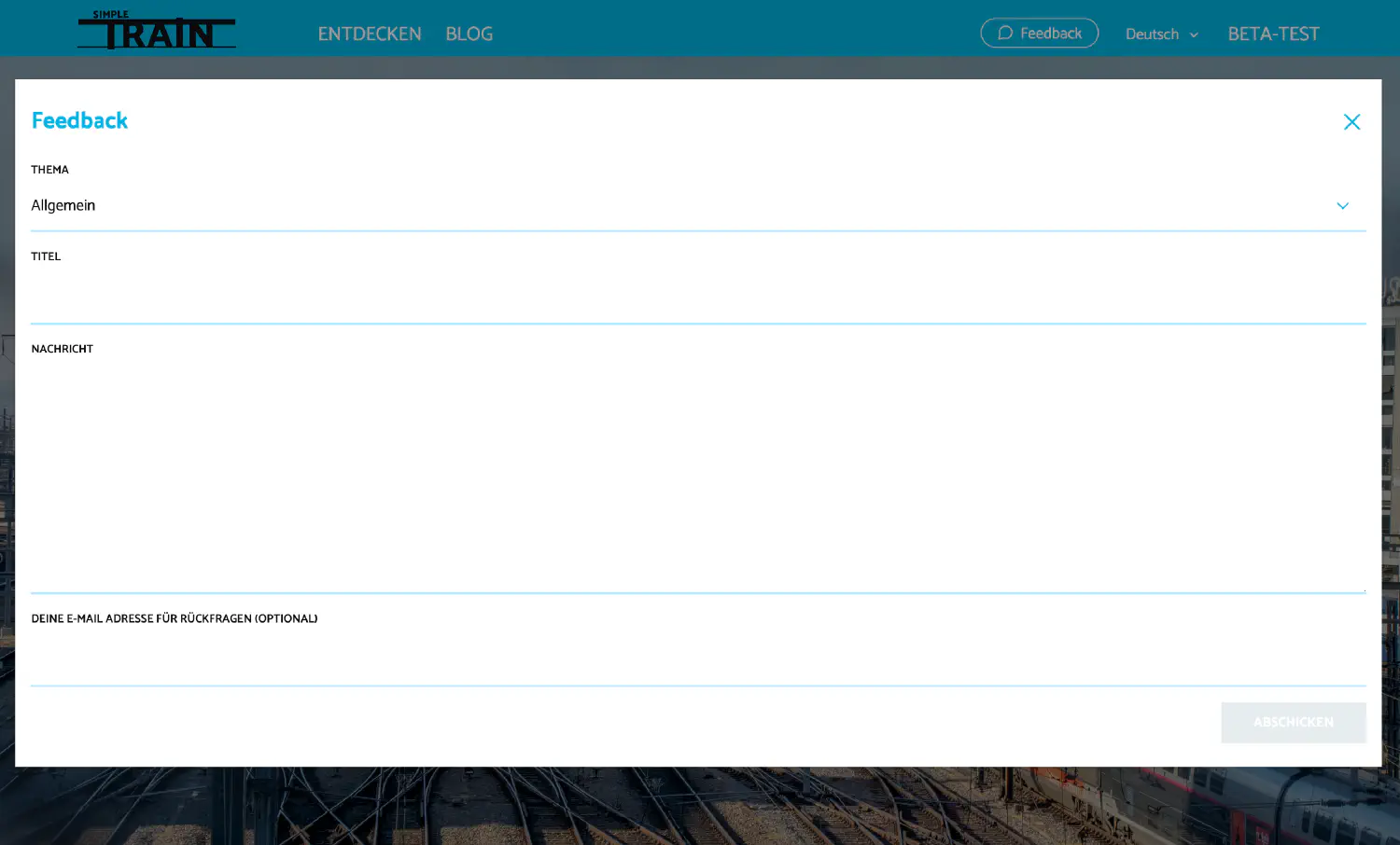 Ein Screenshot des Feeback Formular der SimpleTrain Buchungsplattform 
