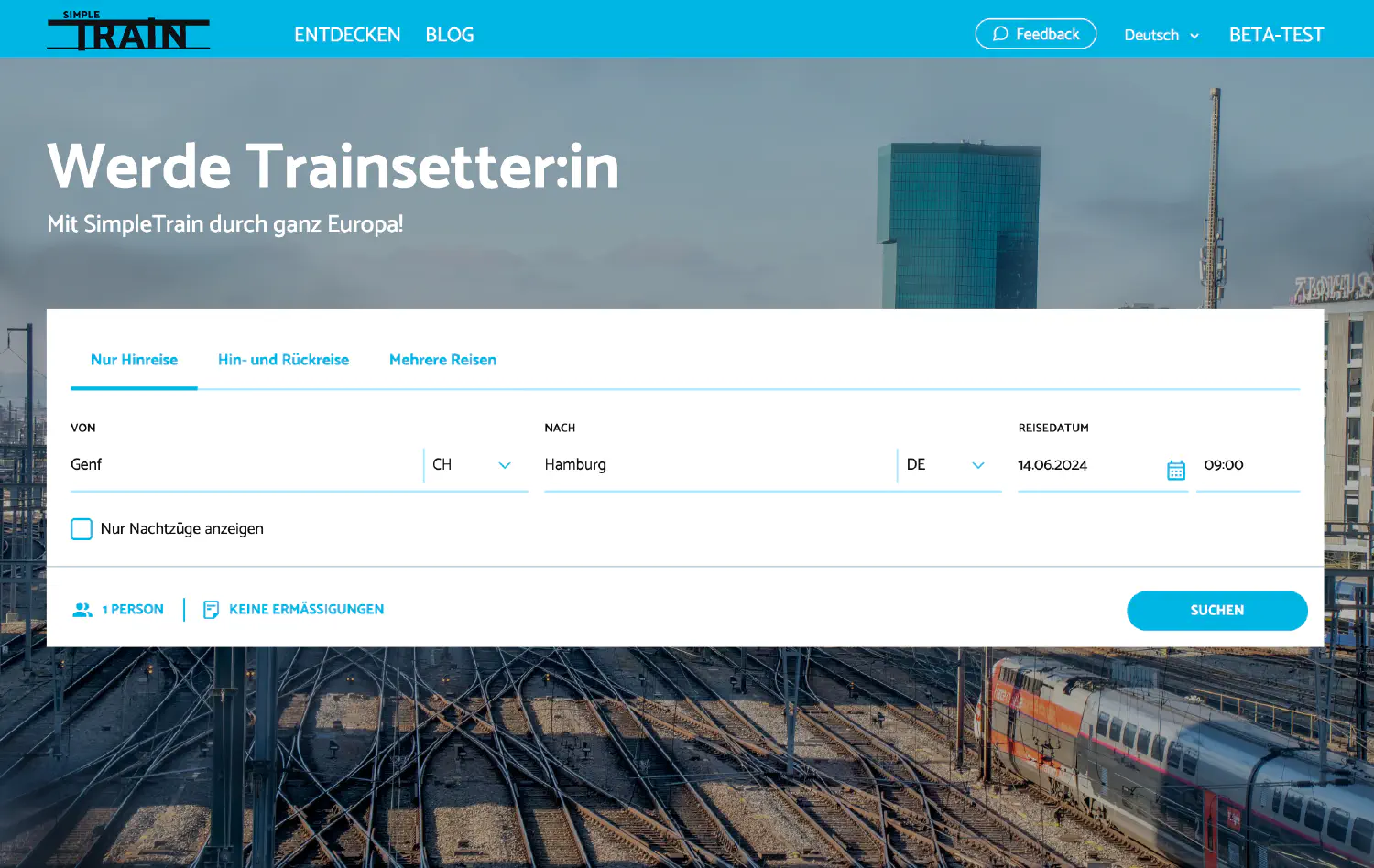 Ein Screenshot von der Startseite der SimpleTrain Buchungsplattform mit dem Suchformular