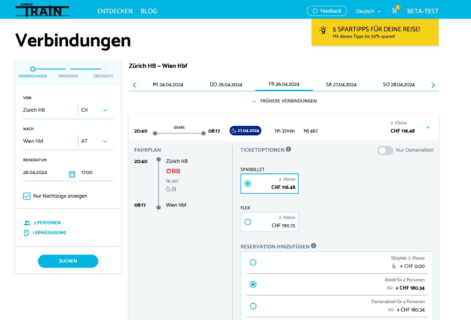 Ein Screenshot der SimpleTrain Buchungsplattform mit einer Nachtzugverbindung von Zürich nach Wien