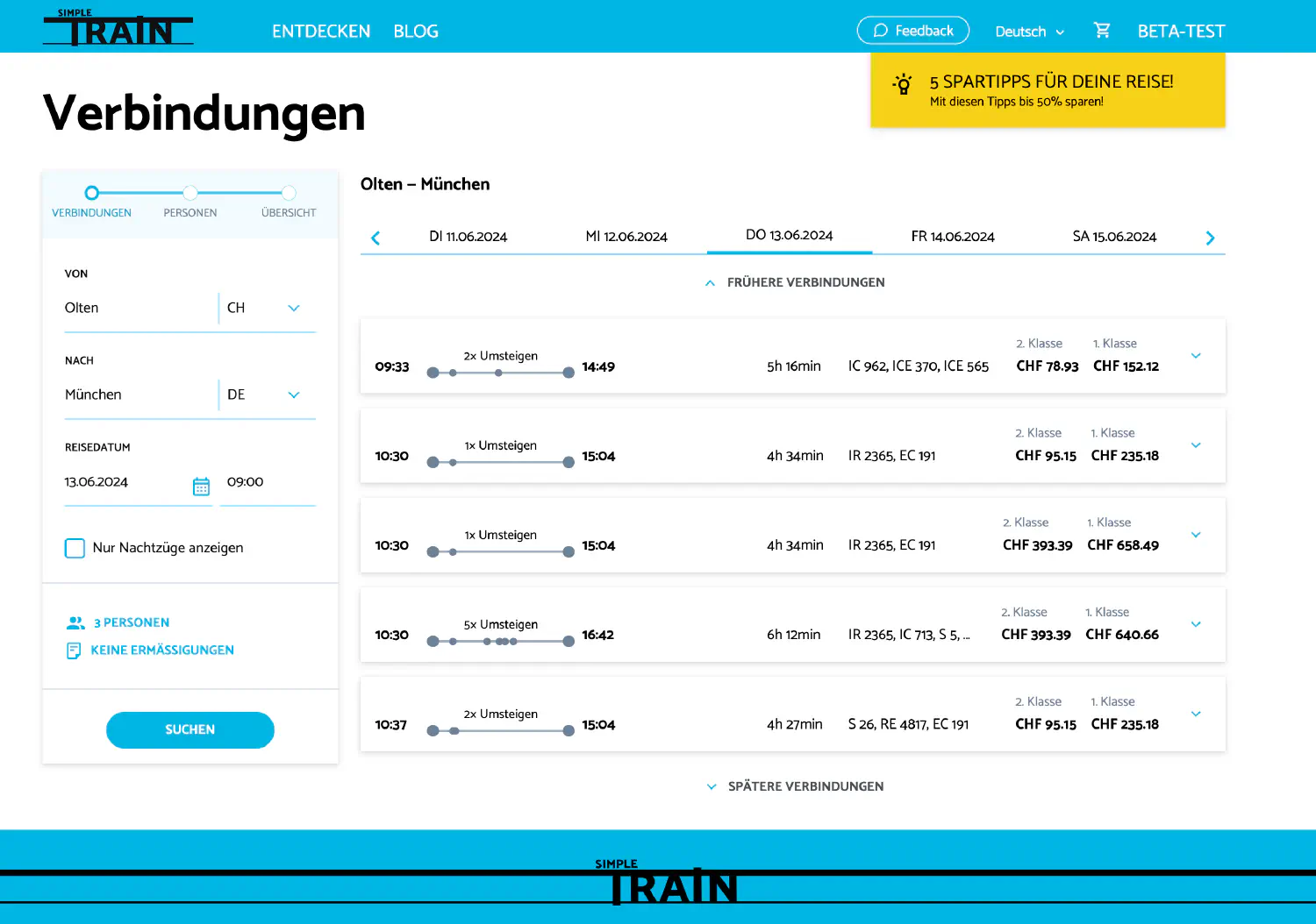 Ein Screenshot der SimpleTrain Buchungsplattform mit Verbindungen von Olten nach München