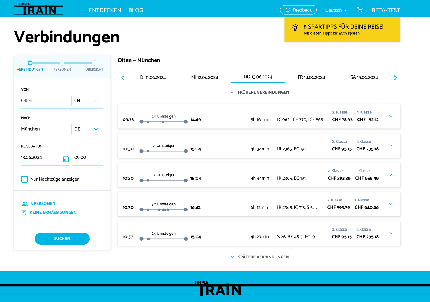 Ein Screenshot der SimpleTrain Buchungsplattform mit Verbindungen von Olten nach München