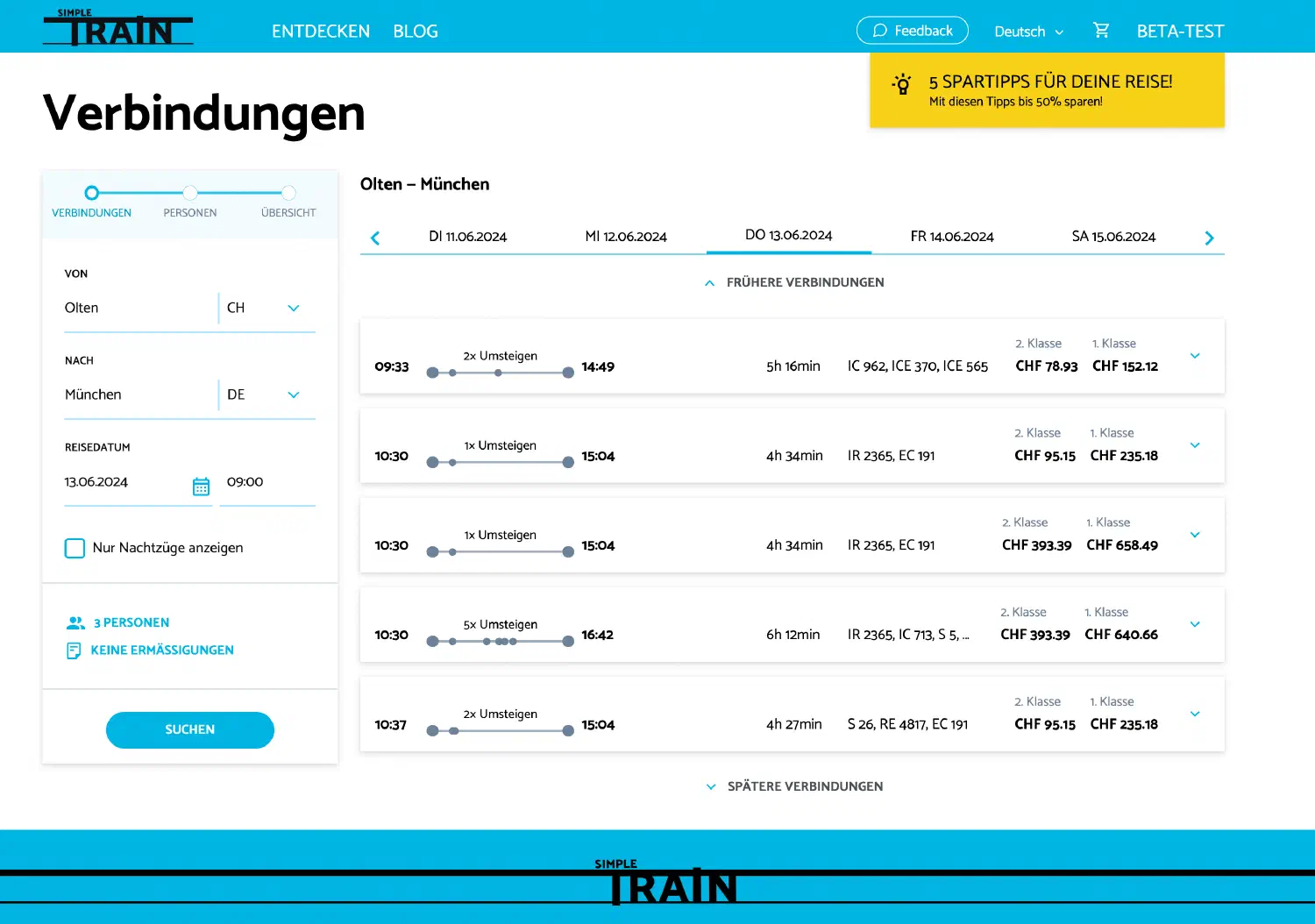 Ein Screenshot der SimpleTrain Buchungsplattform mit Verbindungen von Olten nach München