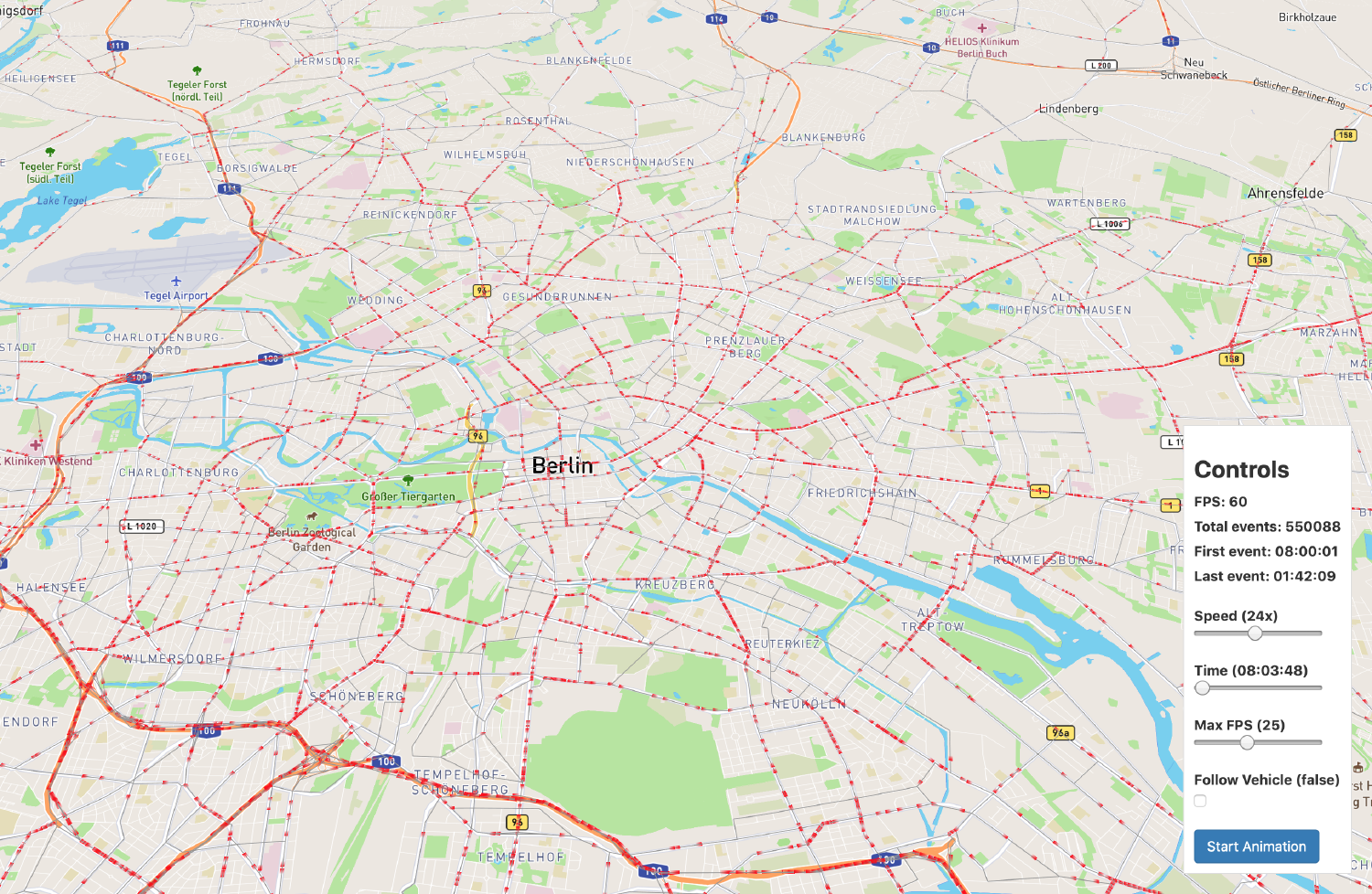 Screenshot aus Tramola, das ein Strassennetzwerk aus Berlin zeigt.