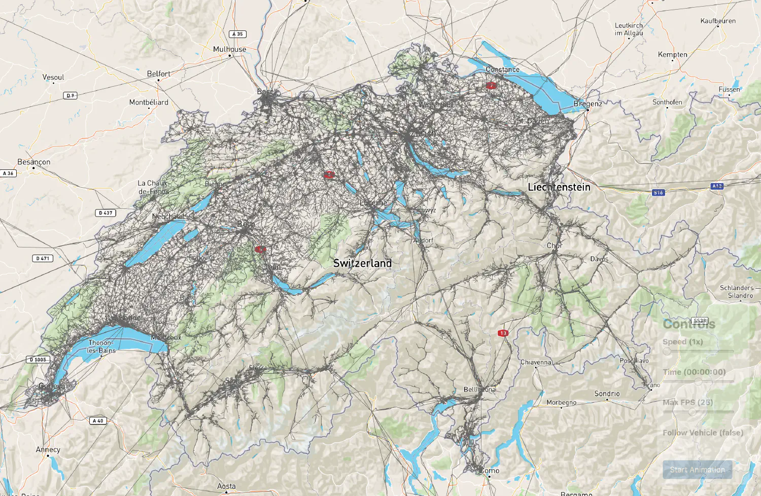 Screenshot des Strassennetzwerks der Schweiz aus Tramola