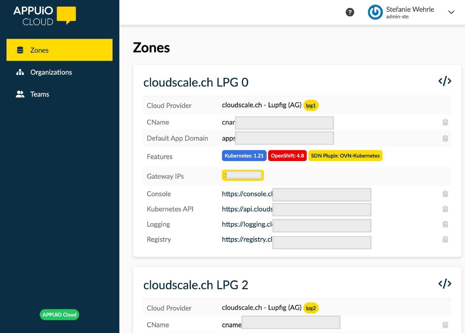Screenshot vom APPUiO Cloud Portal. Es zeigt detaillierte Informationen der verschiedenen verfügbaren Zonen.'