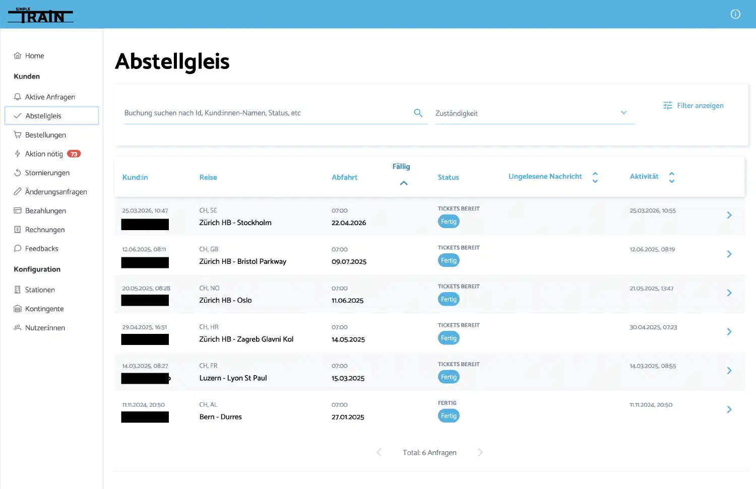 Screenshot des SimpleTrain Backoffice aus der Entwicklungsumgebung